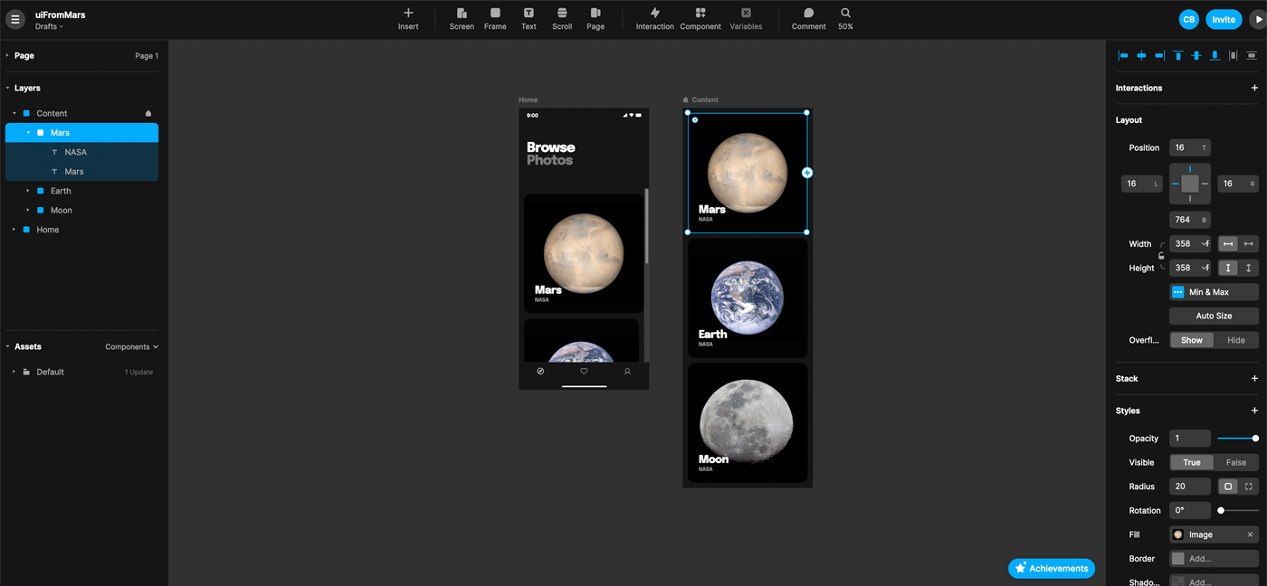 Ejemplo de screens y frames en Framer