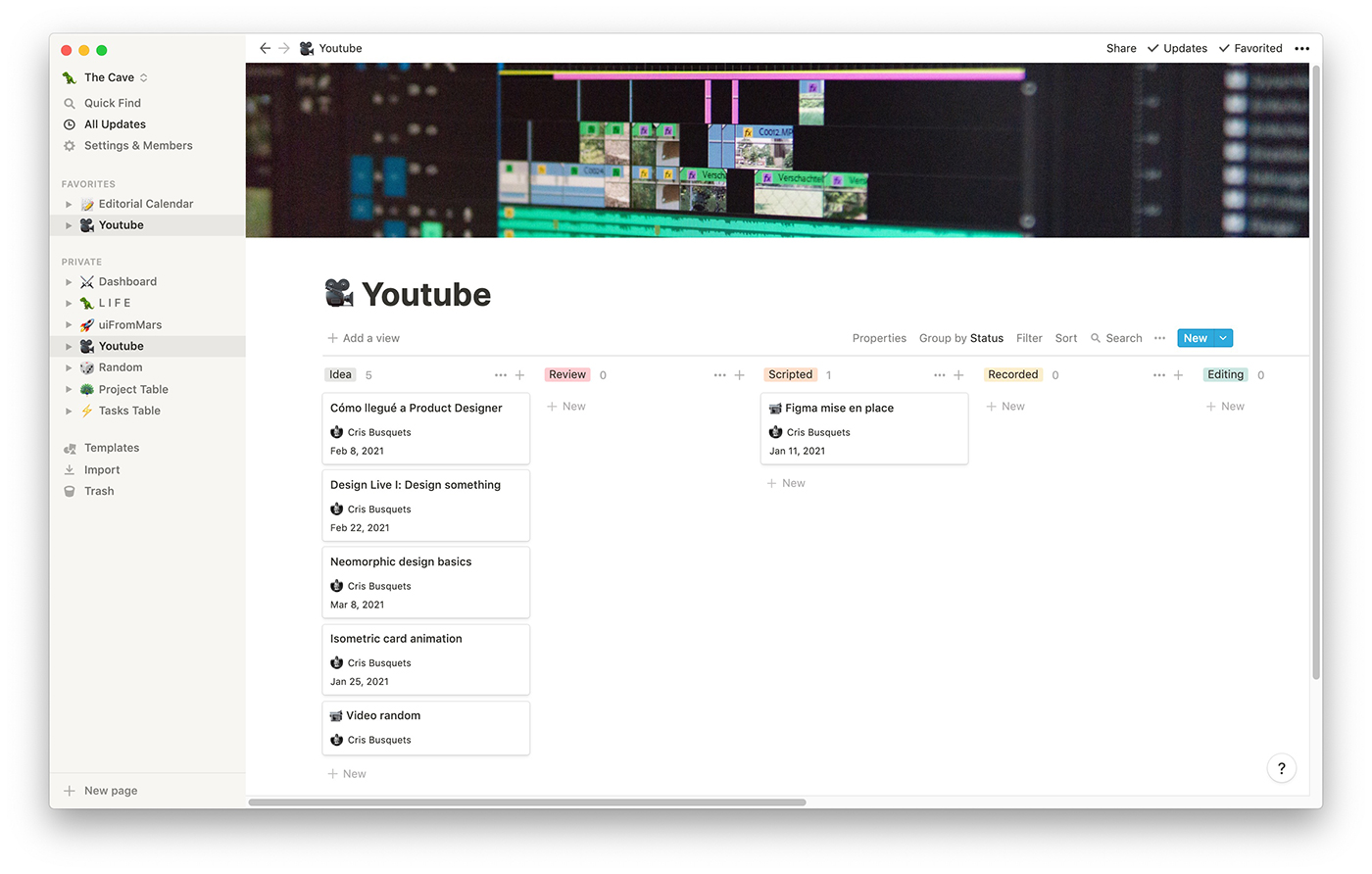 Captura de Notion con un kanban para los vídeos de Youtube