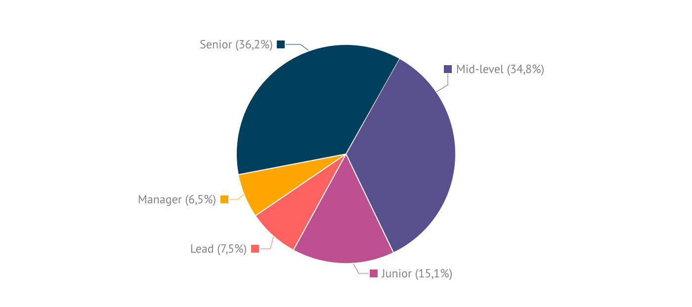 Gráfico para mostrar la distribución por experiencia: senior (36,2%), mid-level (34,8%), junior (15,1%), lead (7,5%) y manager (6,5%).