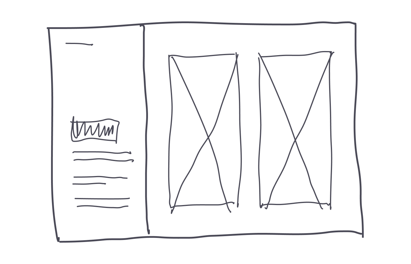 Wireframe con la estructura de mi portfolio: 1/3 destinado a la explicación y 2/3 al diseño
