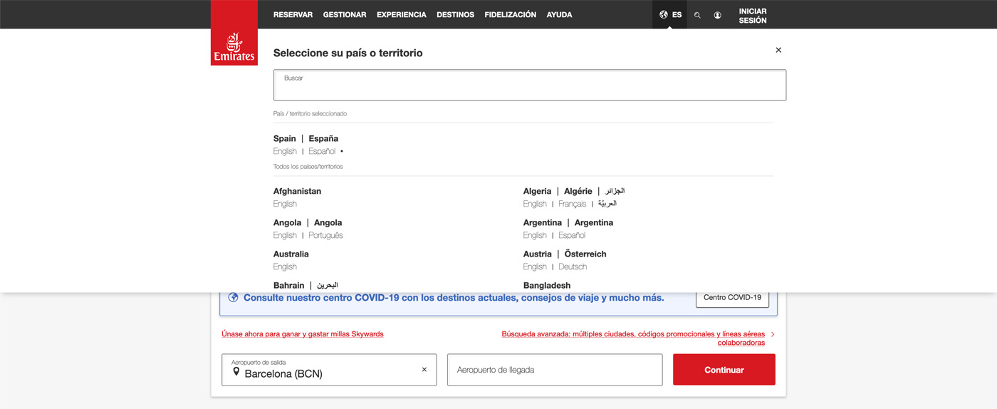 Caso Emirates: selección y filtrado de país e idioma