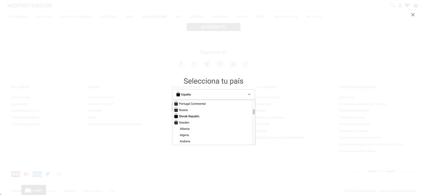 Países con tienda online disponible - Women'secret