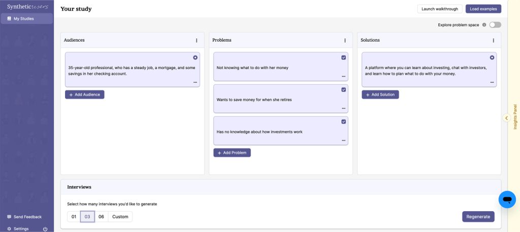 La interfaz de la web de Synthetic users, donde se ven tres columnas: Audiencia, Problemas y Soluciones.