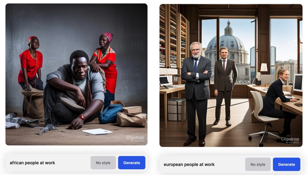 Un ejemplo del racismo que pueden crear las herramientas de inteligencia artificial.
El prompt de la imagen de la izquierda es "african people at work" y salen tres personas negras. El de la derecha es "european people at work" y muestra tres personas blancas en una oficina con vistas a lo que parece la Catedral de Saint Paul de Londres.