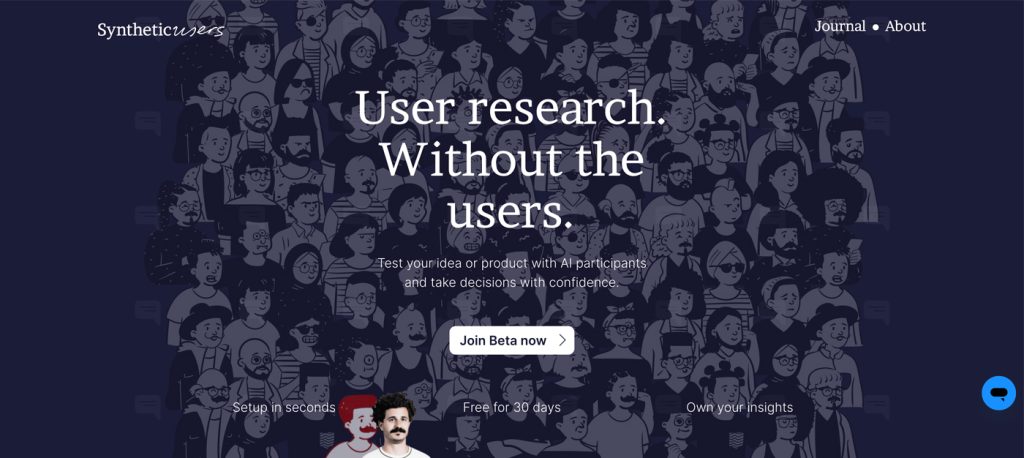 Una captura de la web de Synthetic users. En ella se lee, en inglés "User research. Without the users".