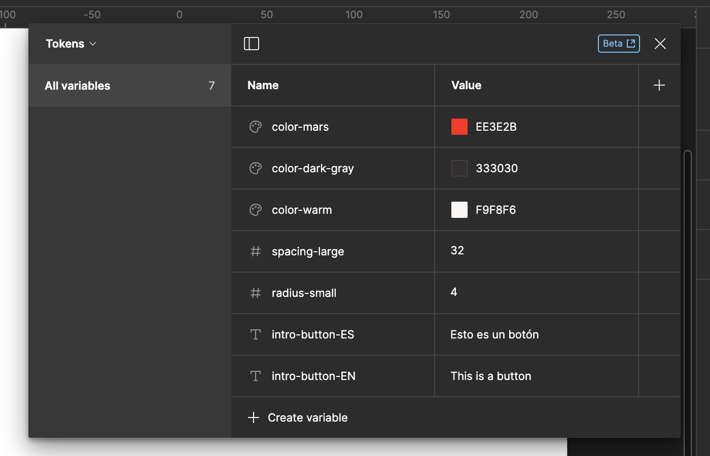 Ejemplo de variables en Figma. Contiene una tabla con variables de color, numéricas y strings.