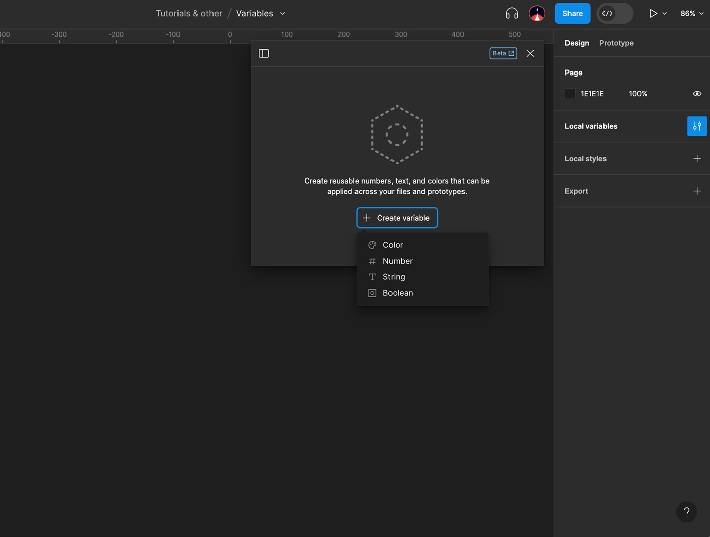 Menú para insertar variables en Figma. Abre un desplegable con cuatro opciones: Color, Number, String y Boolean.