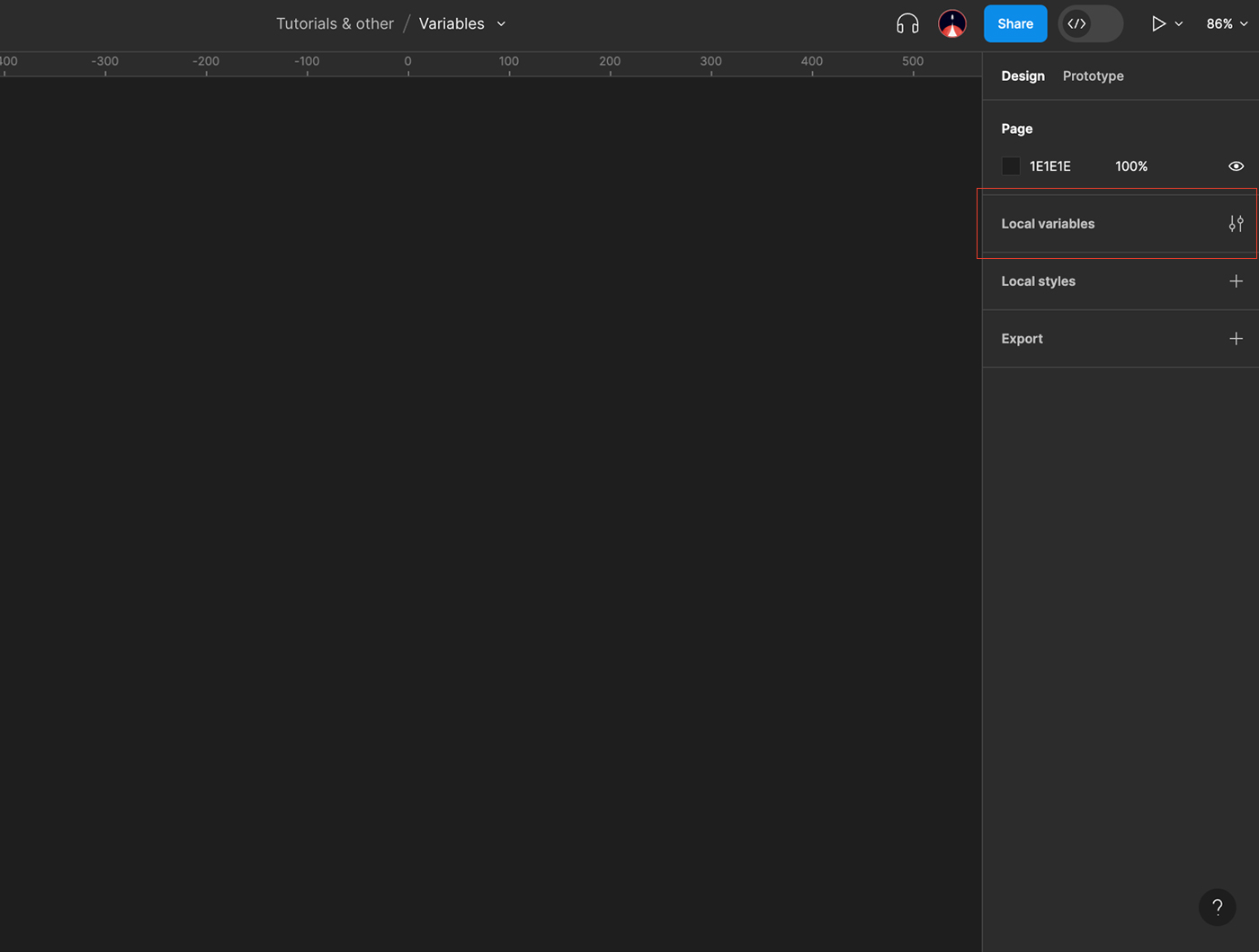 El panel para crear variables locales en Figma está en el Inspector (derecha).