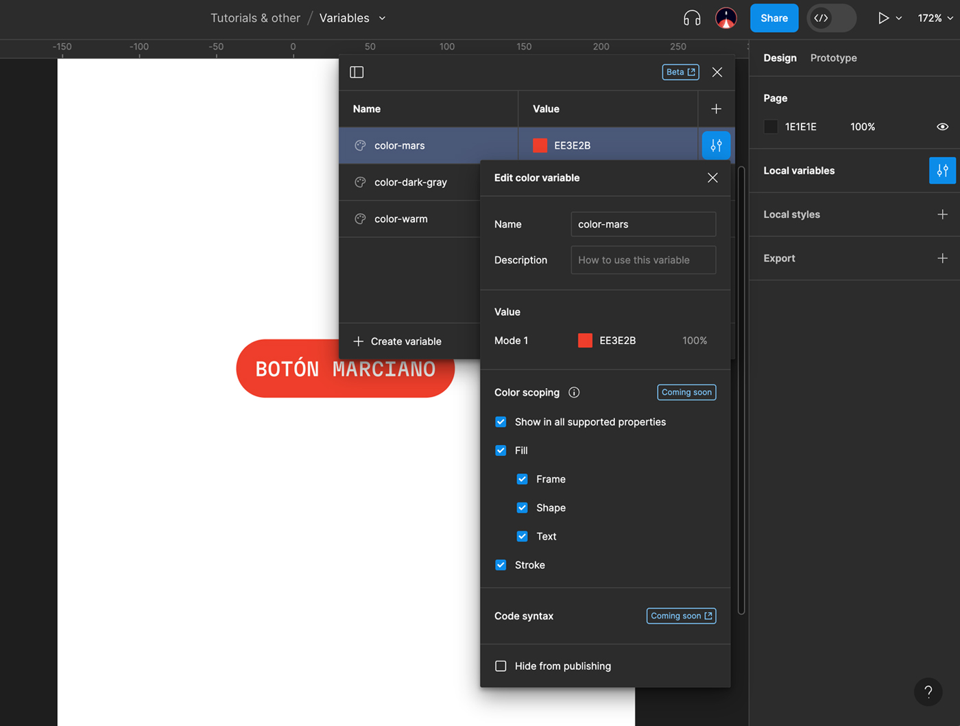 El menú de scoping de variables de colores permite escoger si se puede utilizar en cualquier propiedad, o si solo puede utilizarse como relleno o como borde.