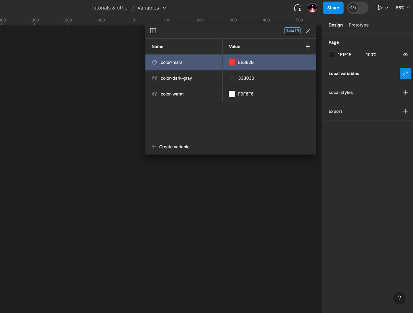 Las variables de color en Figma.