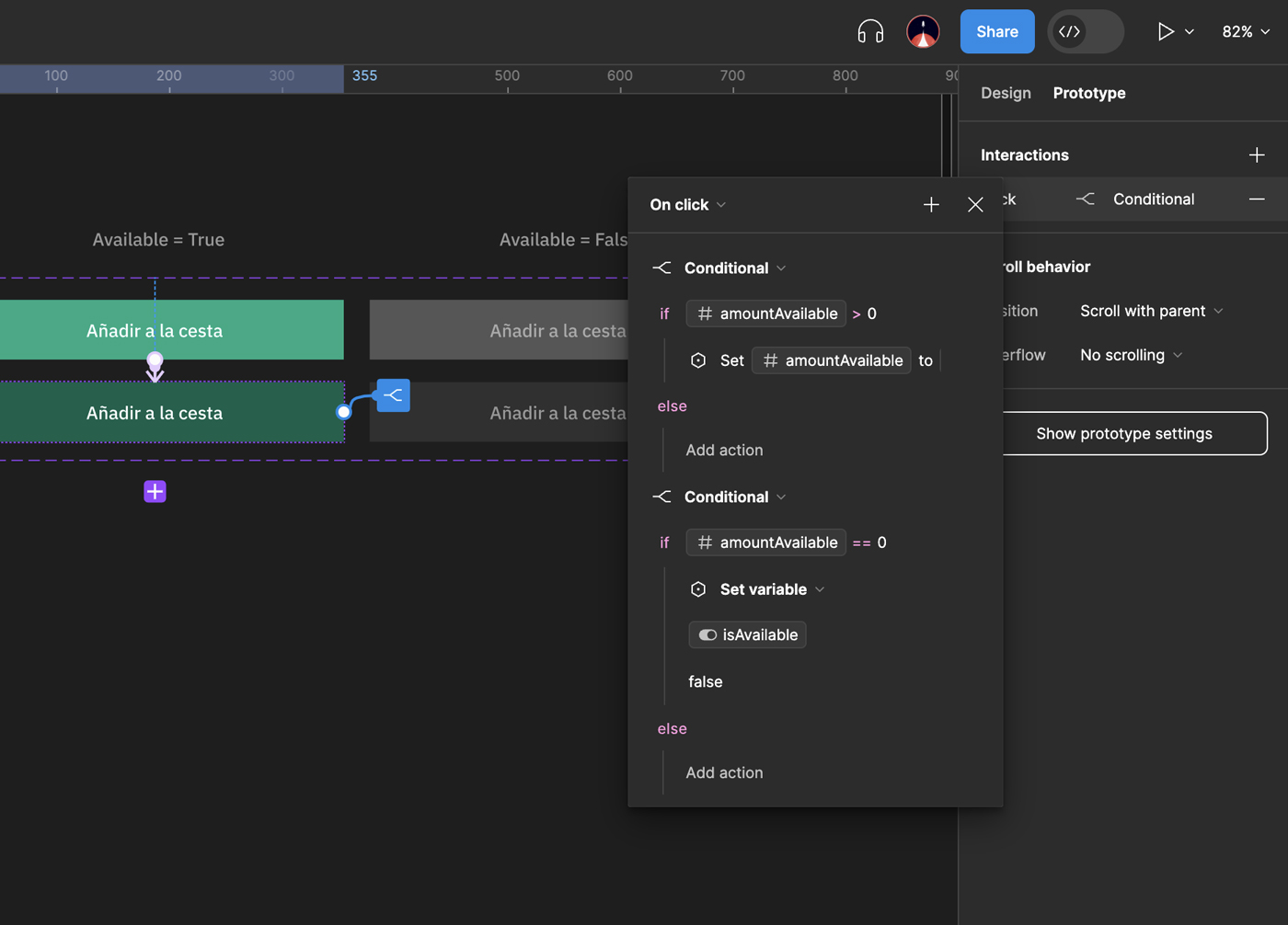 Un condicional nuevo en la acción de on click del prototipo. En esta ocasión, si la amountAvailable es cero, el boolean isAvailable será false.