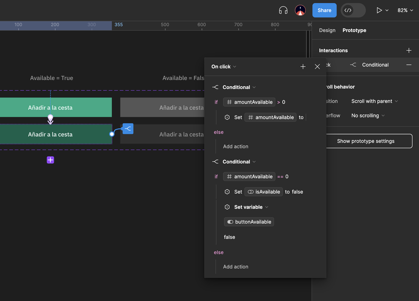 Al condicional anterior le añadimos la variable buttonAvailable y también la cambiamos a false si la amountAvailable es cero.