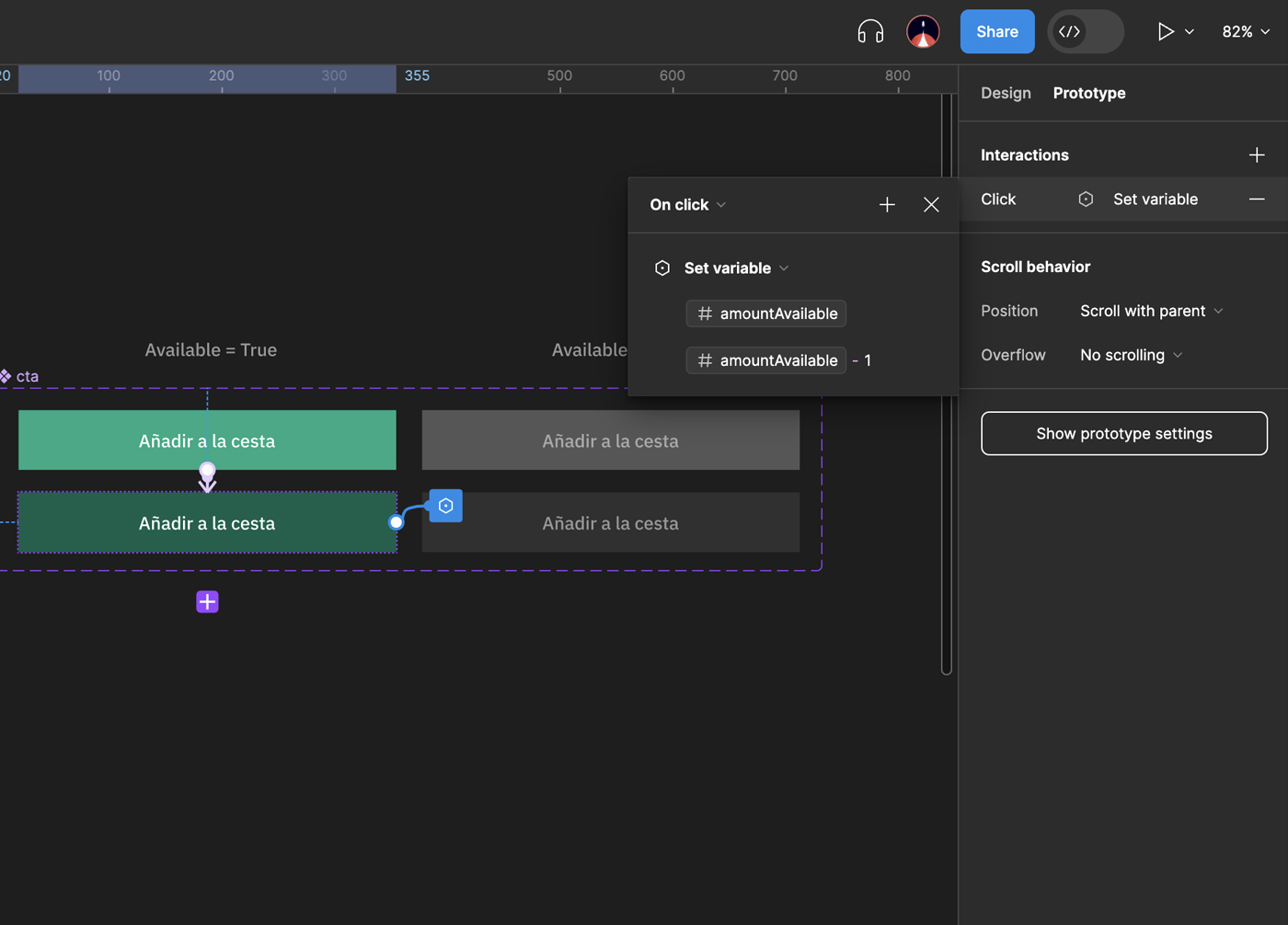 Primera interacción del prototipo. Se activa con un "on click" y configura la variable amountAvailable para que se reduzca una unidad con cada clic.