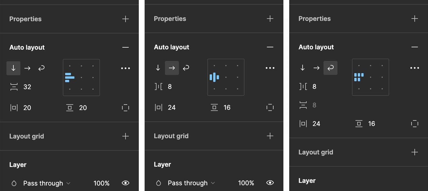 Comparativa de la previsualización de Auto Layout según el no-wrap o wrap seleccionado