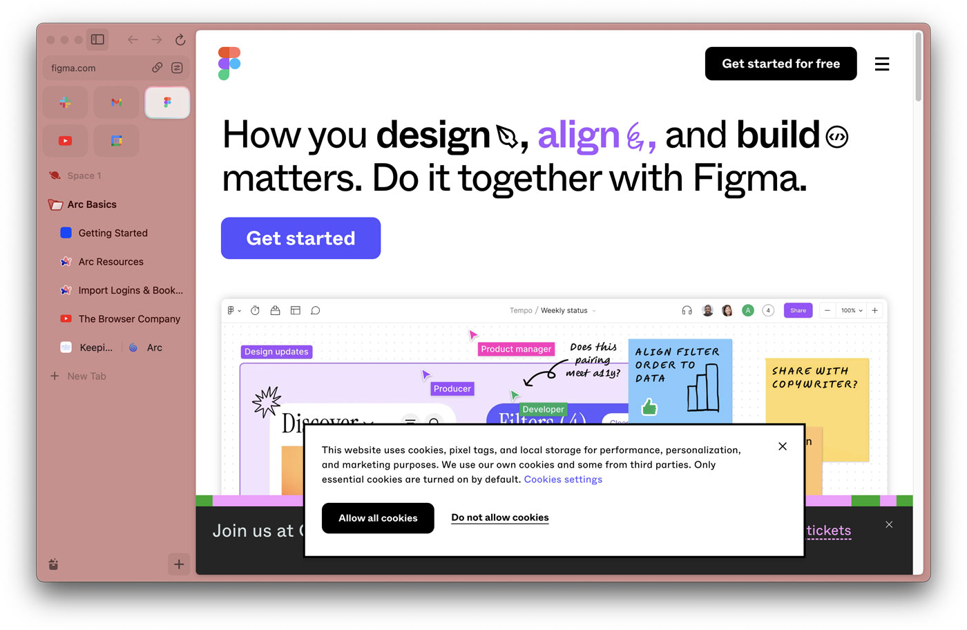 El navegador de Arc, con la web de Figma abierta.