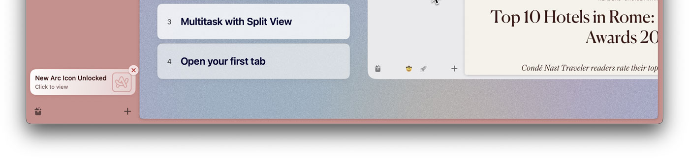 El navegador de Arc, con el pequeño aviso de que has desbloqueado un nuevo icono (abajo a la izquierda).