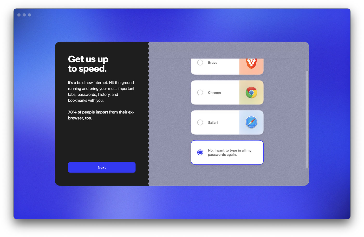 La pantalla del onboarding en la que seleccionar si quieres importar tus Favoritos de Brave, Chrome o Safari.