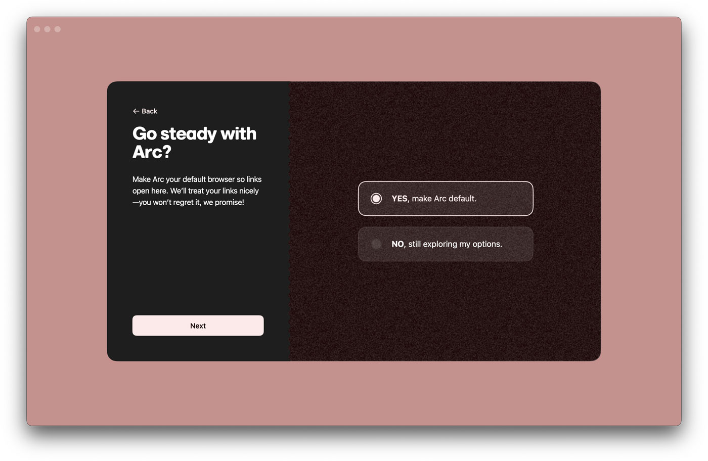 La pantalla del onboarding en la que puedes escoger si quieres que Arc sea tu navegador por defecto.