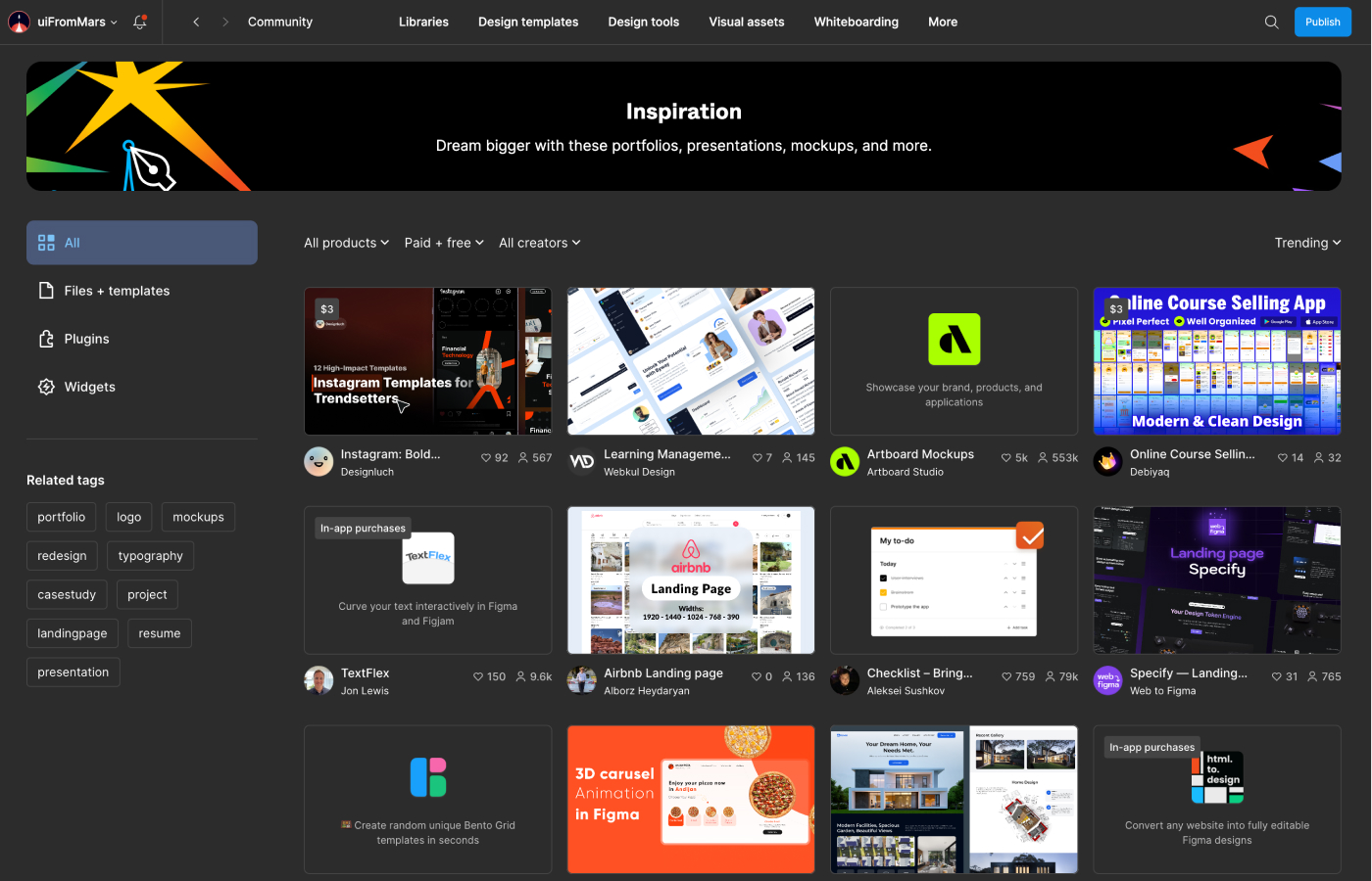 Una captura de la página "Inspiration" de Figma Community, que muestra varios recursos y creadores.